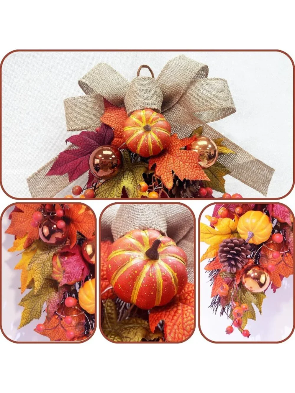 24” Pre-Lit Fall Teardrop Swag - LED Lights, Pumpkins, Maple Leaves & Burlap Bow
